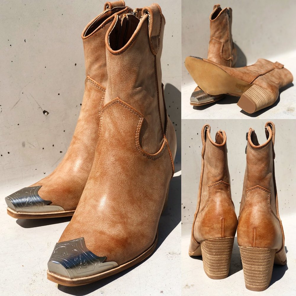 NEW Distressed Nude PU Leather Metal Toe Block Heel Cowgirl Western Ankle Boots - Picture 4 of 15